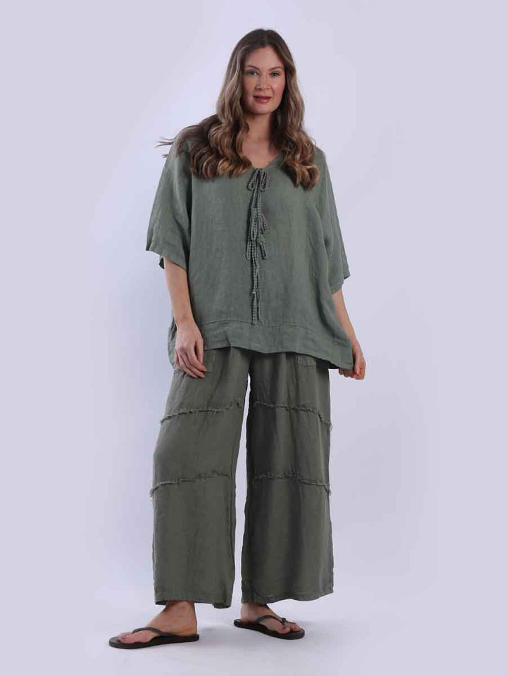 Women Plain Linen Top Khaki