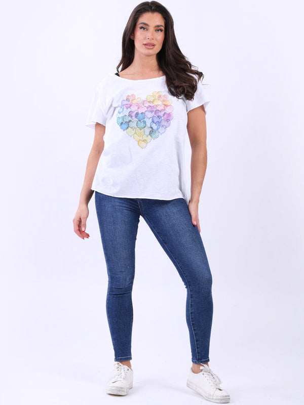 Hearts Print Cotton T-Shirt White