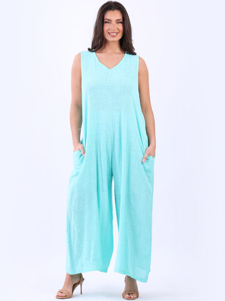 Sleeveless Cotton Tank Jumpsuit Aqua