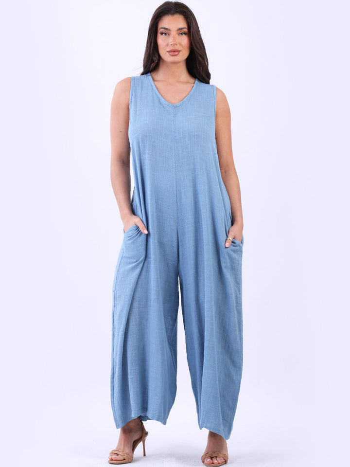 Sleeveless Cotton Tank Jumpsuit Denim