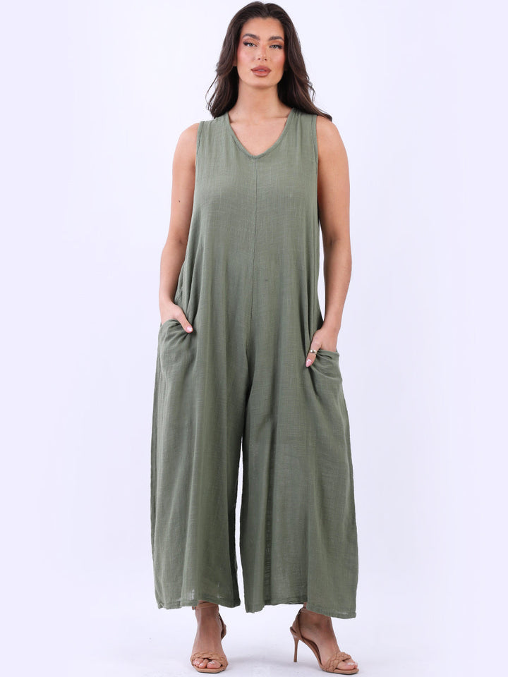Sleeveless Cotton Tank Jumpsuit Khaki
