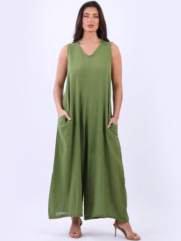 Sleeveless Cotton Tank Jumpsuit Lime Green