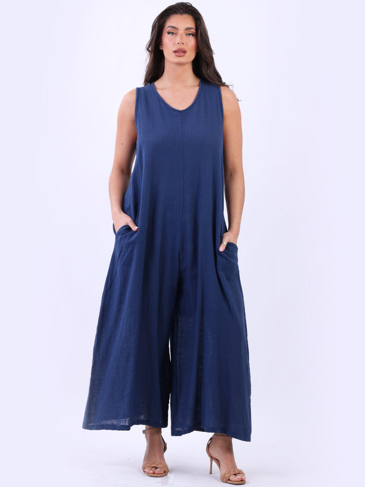 Sleeveless Cotton Tank Jumpsuit Navy