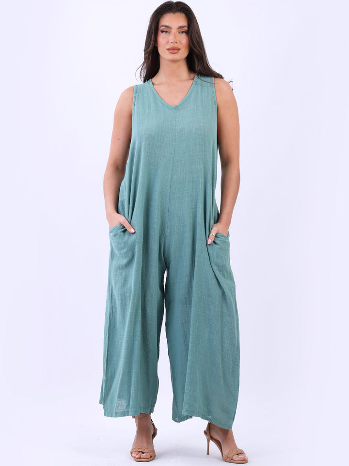 Sleeveless Cotton Tank Jumpsuit Ocean Blue