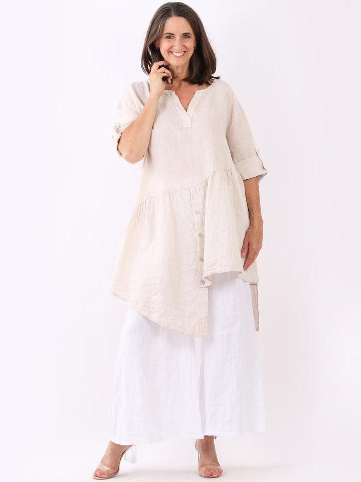 Asymmetric Ruffle Hem Linen Tunic Dress