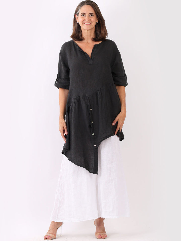 Asymmetric Ruffle Hem Linen Tunic Dress