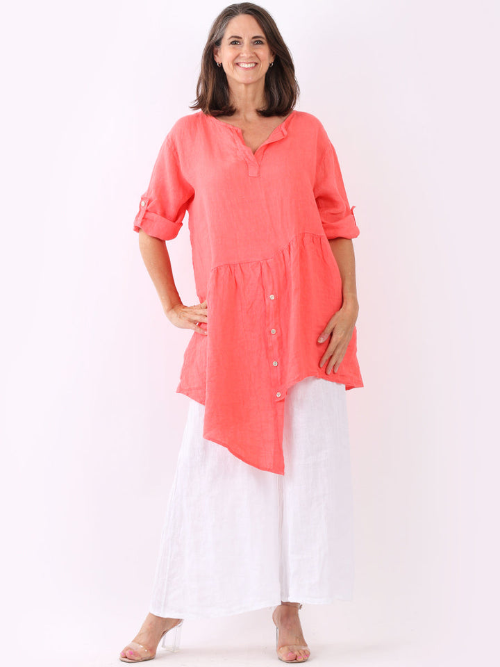 Asymmetric Ruffle Hem Linen Tunic Dress