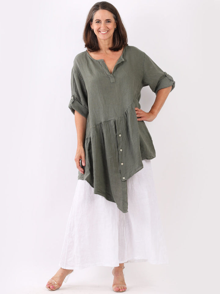 Asymmetric Ruffle Hem Linen Tunic Dress