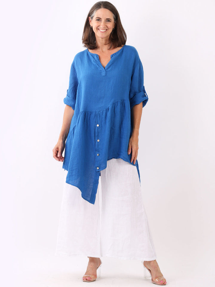 Asymmetric Ruffle Hem Linen Tunic Dress