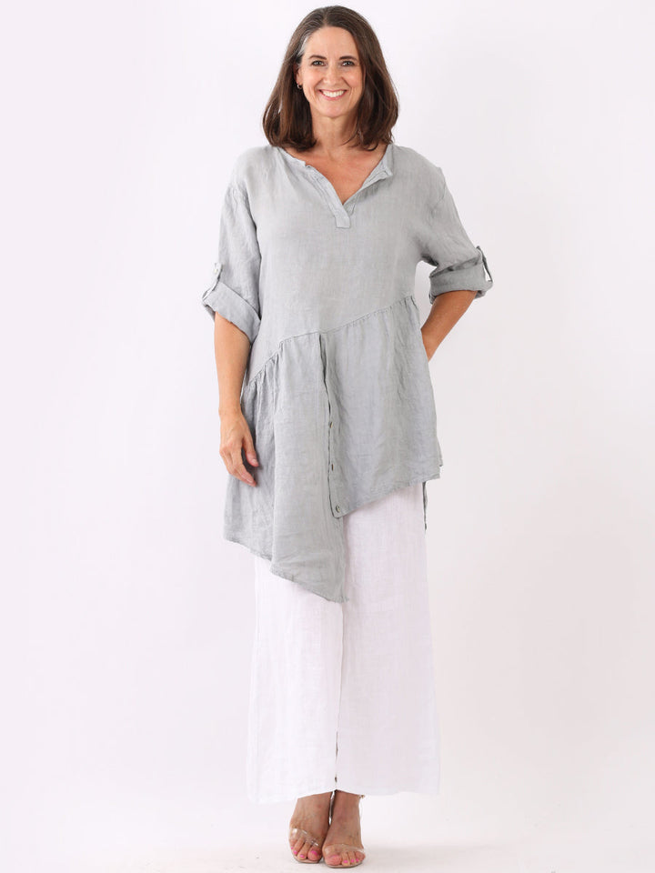 Asymmetric Ruffle Hem Linen Tunic Dress