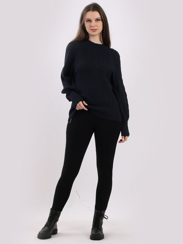 Plain Cable Knit Ribbed Lagenlook Crop Top Navy