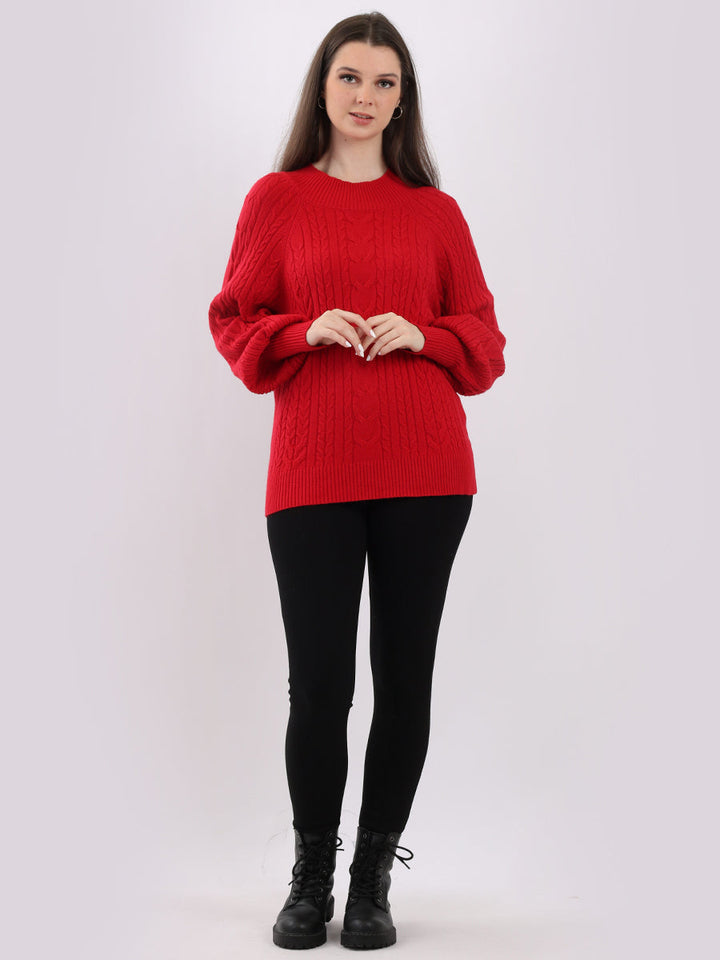 Plain Cable Knit Ribbed Lagenlook Crop Top Red