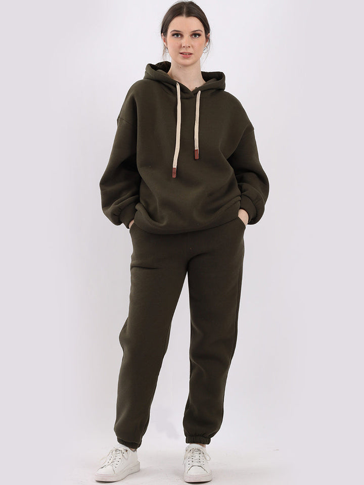 Plain Cotton Boxy Fleece Hoodie Khaki