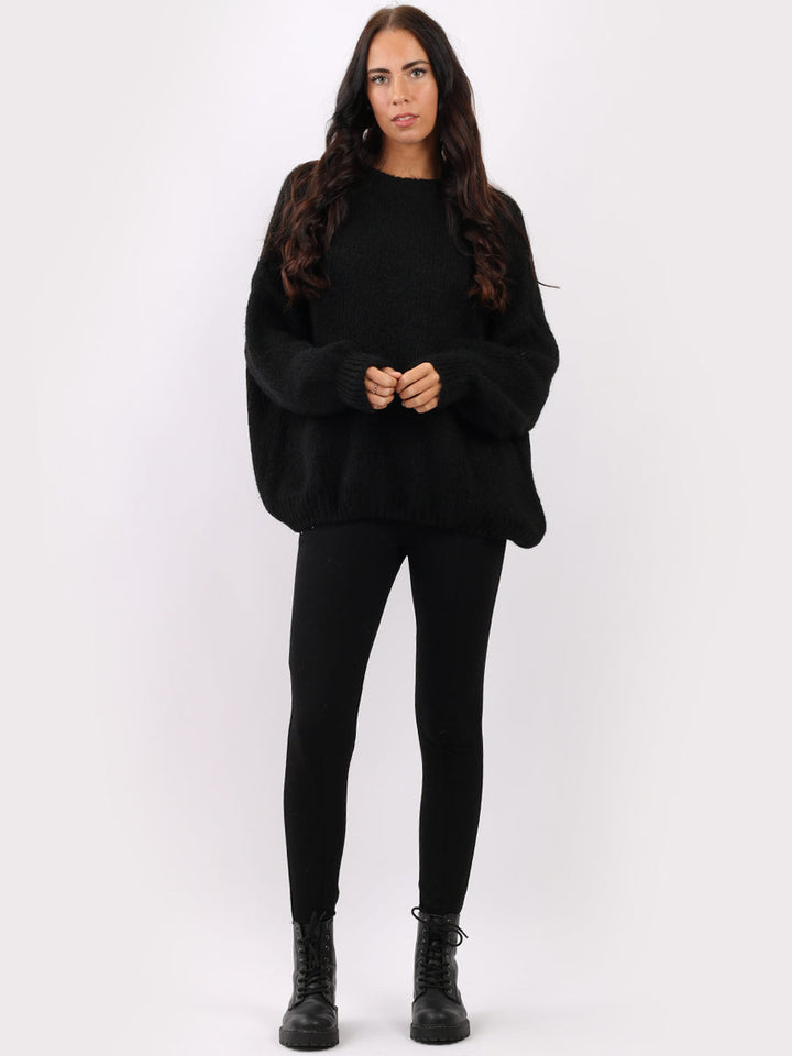 Batwing Knitted Woolen Rib Jumper Black