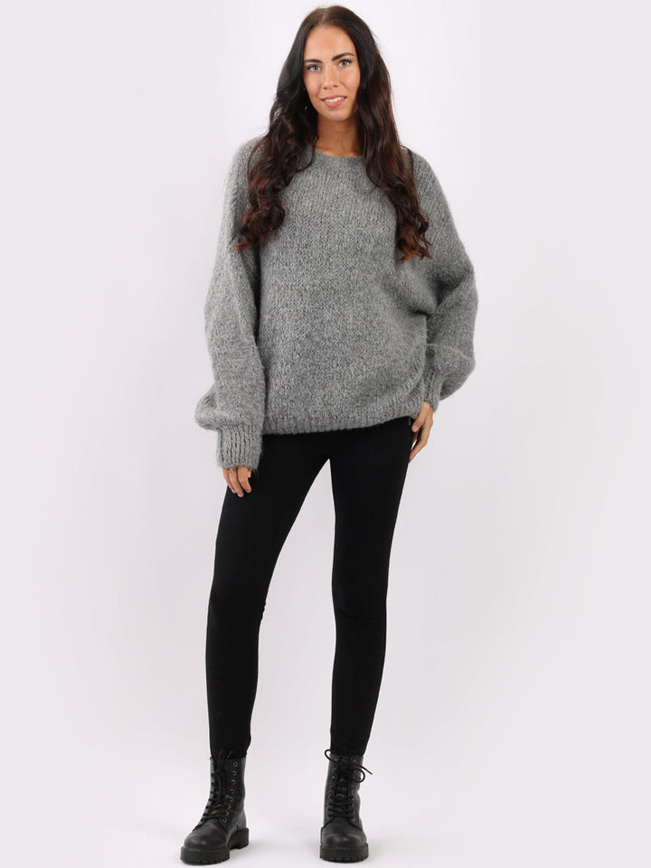 Batwing Knitted Woolen Rib Jumper Dark Grey
