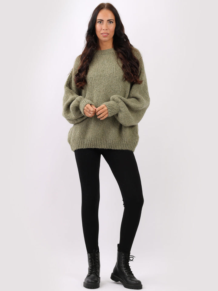 Batwing Knitted Woolen Rib Jumper Khaki