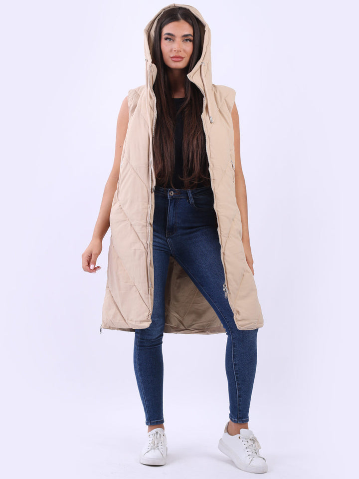 Plus Size Hooded Long Puffer Gilet Mocha