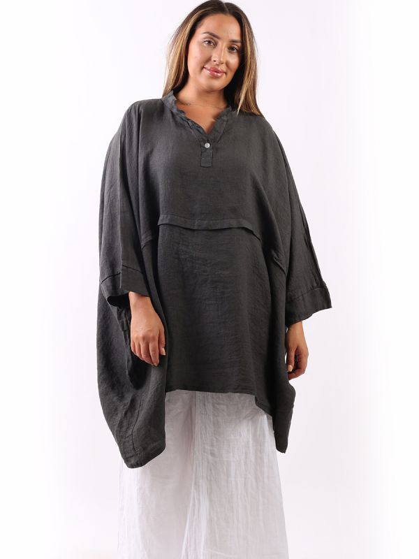 Plus Size Batwing Linen Top Charcoal