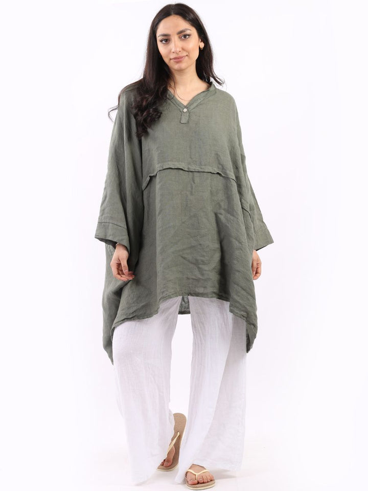Plus Size Batwing Linen Top Khaki