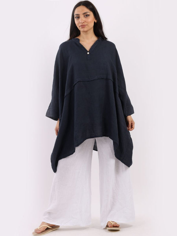 Plus Size Batwing Linen Top Navy