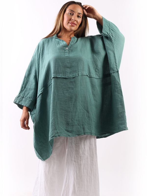 Plus Size Batwing Linen Top Ocean Blue