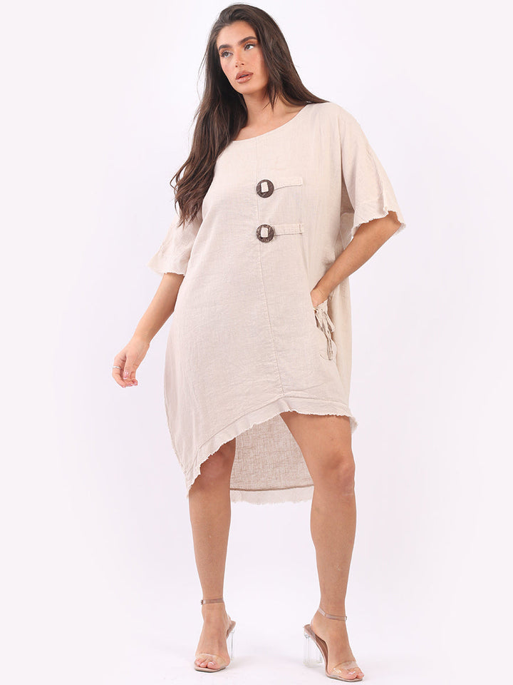 Linen Raw Edges Hi-Lo Baggy Dress Beige