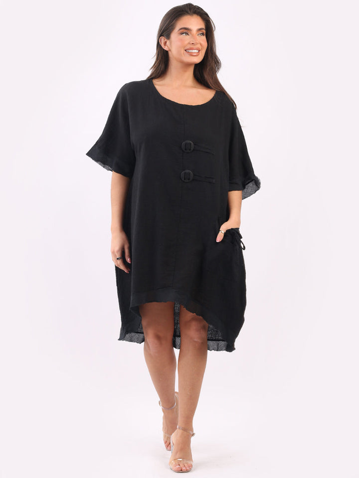 Linen Raw Edges Hi-Lo Baggy Dress Black