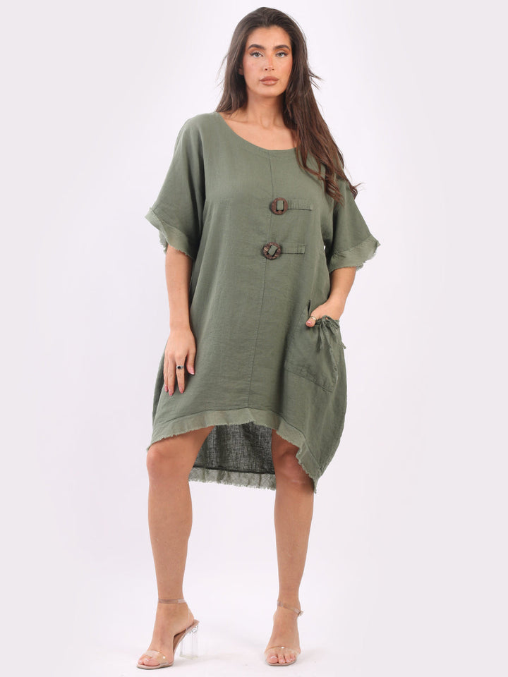 Linen Raw Edges Hi-Lo Baggy Dress Khaki