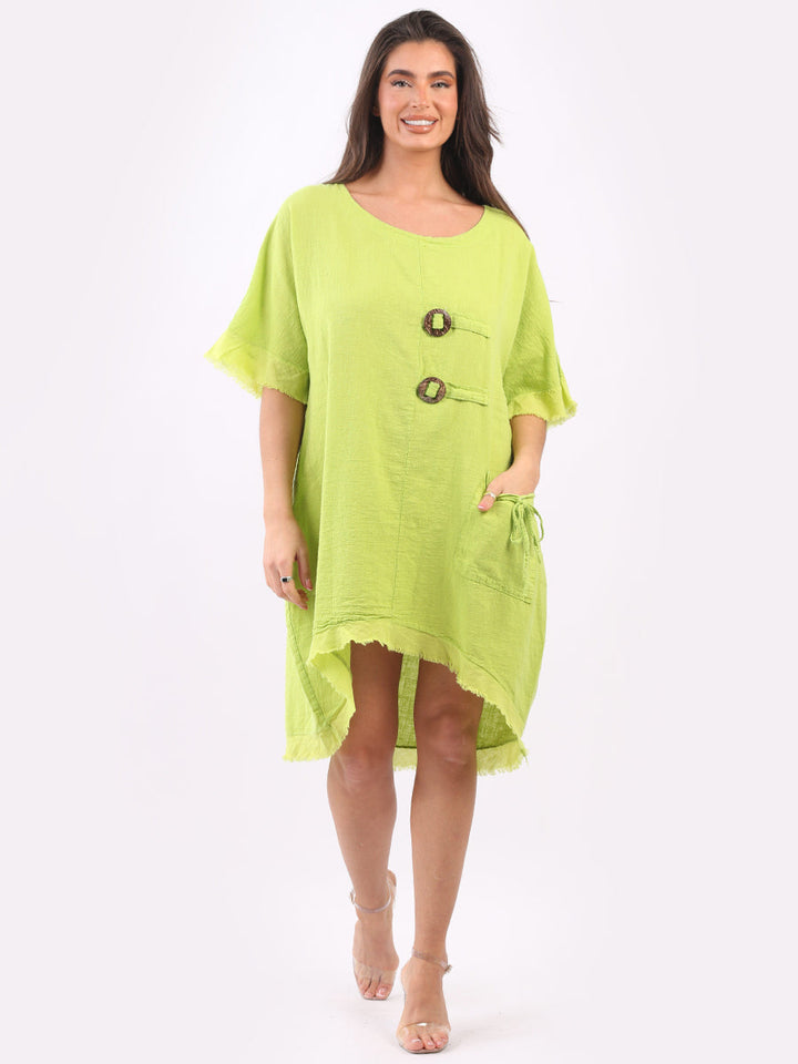 Linen Raw Edges Hi-Lo Baggy Dress Lime Green