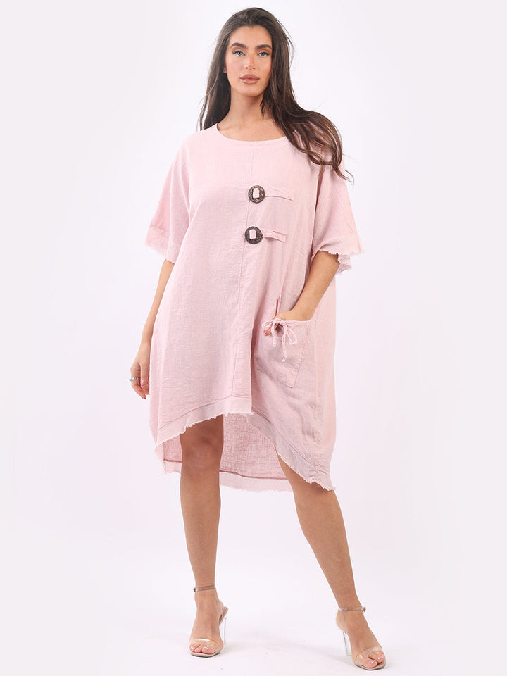 Linen Raw Edges Hi-Lo Baggy Dress Pink