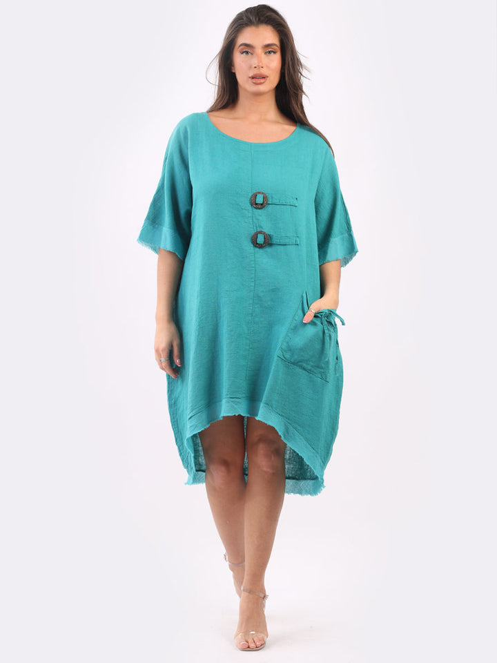 Linen Raw Edges Hi-Lo Baggy Dress Teal