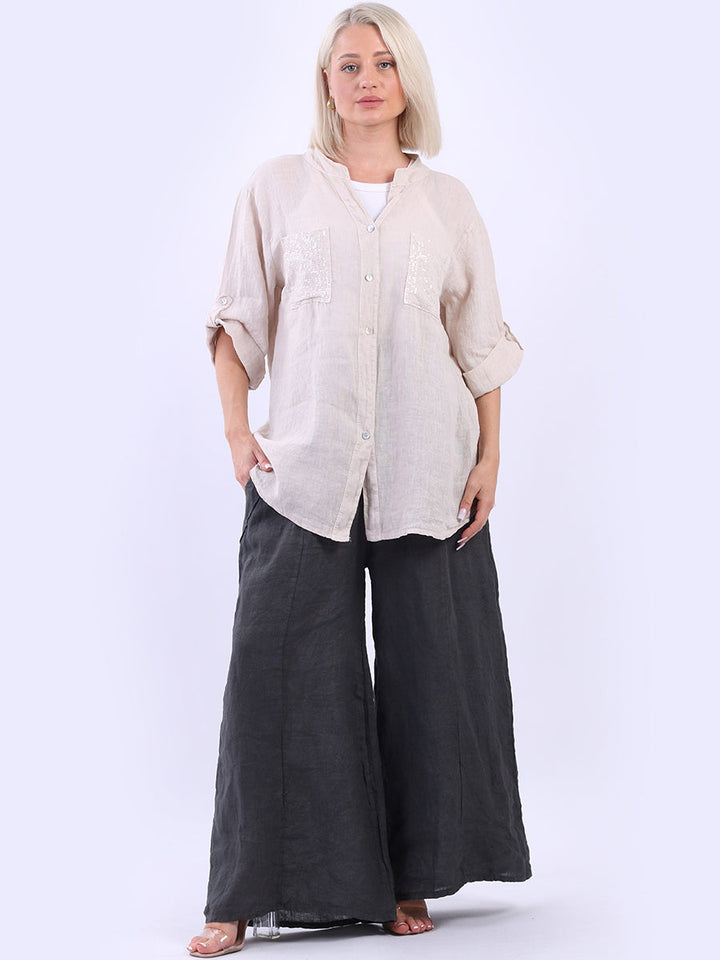 Linen Sequin Button Down Blouse Beige