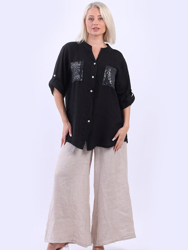 Linen Sequin Button Down Blouse Black