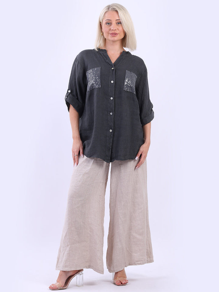 Linen Sequin Button Down Blouse Charcoal