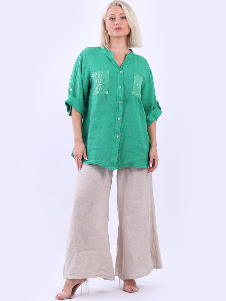 Linen Sequin Button Down Blouse Green