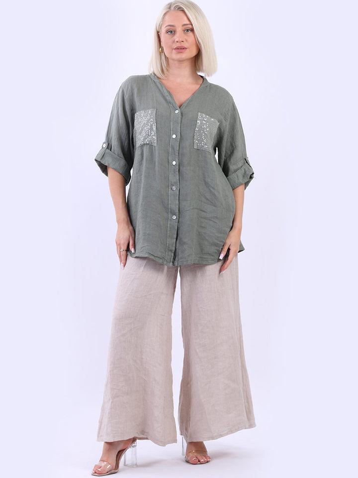Linen Sequin Button Down Blouse Khaki