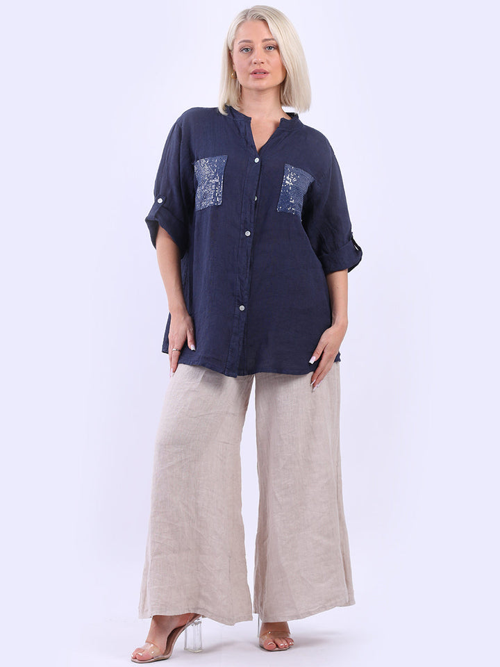 Linen Sequin Button Down Blouse Navy