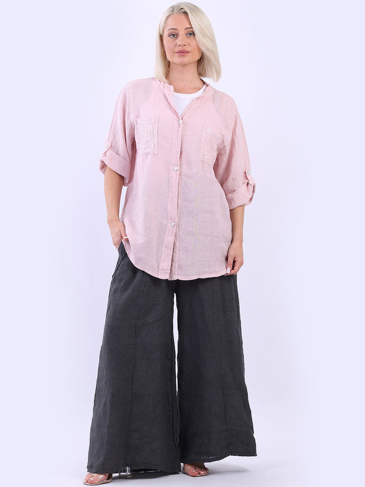 Linen Sequin Button Down Blouse Pink