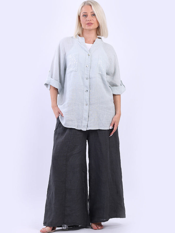 Linen Sequin Button Down Blouse Silver