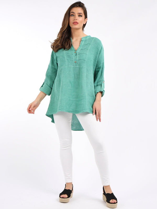 Made In Italy Plain Pleated Front Dip Hem Linen Tunic Top