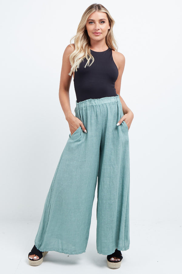 Made In Italy Plain Wide Leg Linen Palazzo Pant