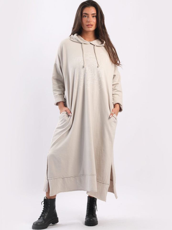 Plus Size Cotton Hooded Dress Beige