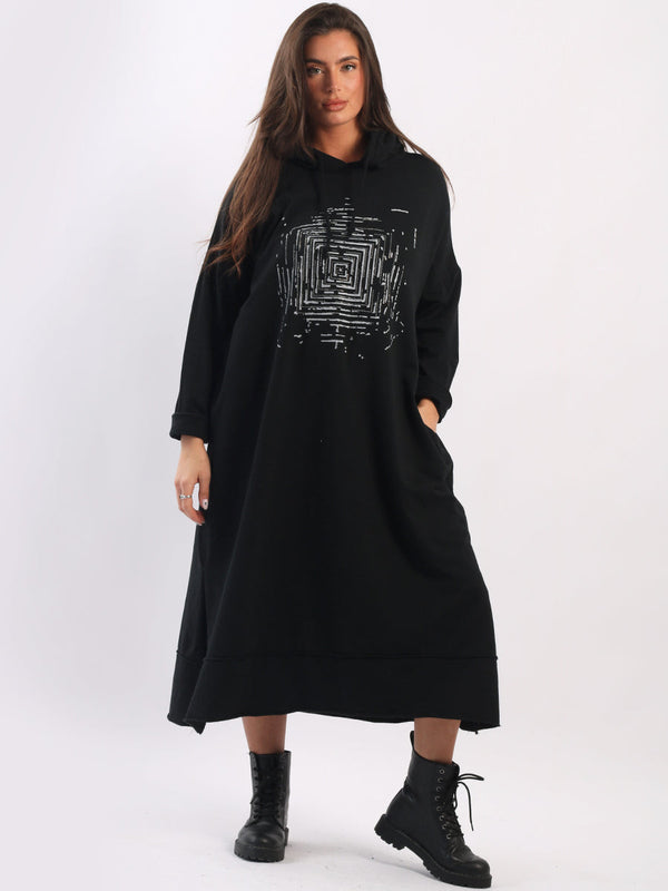 Plus Size Cotton Hooded Dress Black
