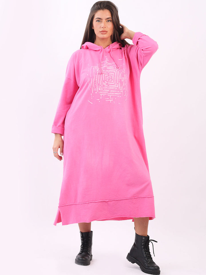 Plus Size Cotton Hooded Dress Fuchsia