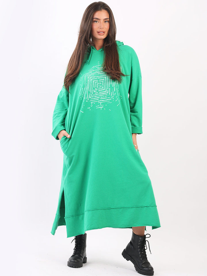 Plus Size Cotton Hooded Dress Green