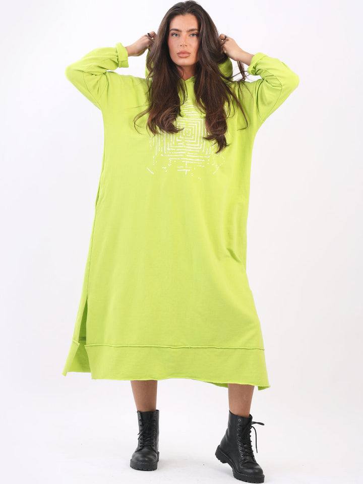 Plus Size Cotton Hooded Dress Lime Green