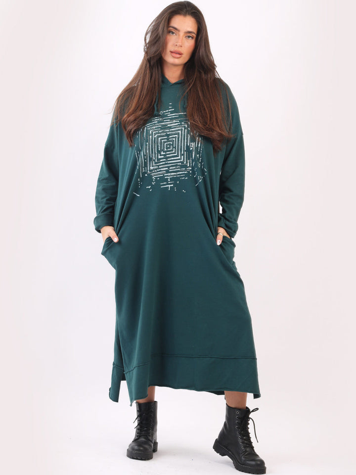 Plus Size Cotton Hooded Dress Teal