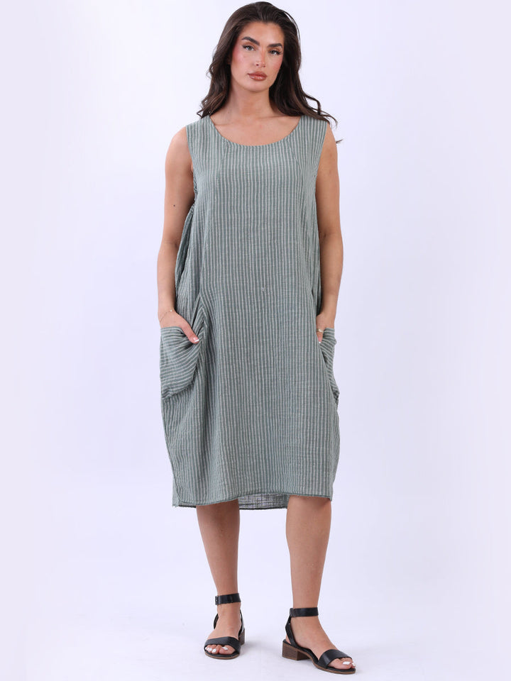 Plus Size Cotton Stripy Tank Dress Khaki