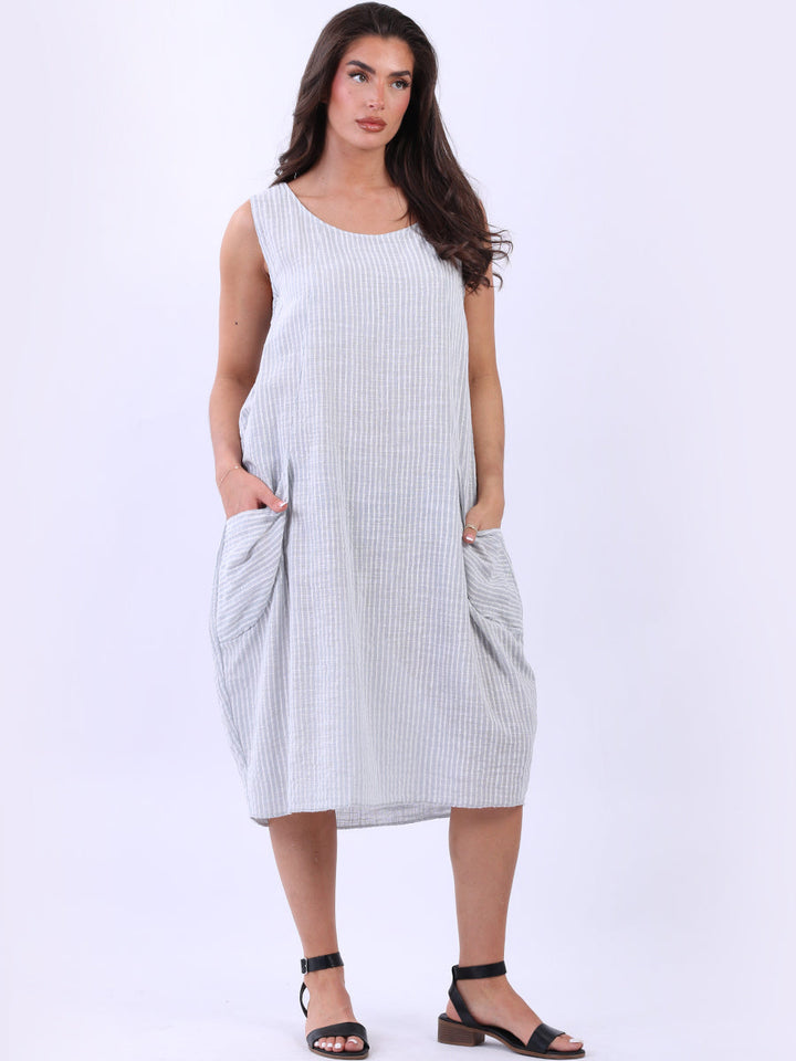 Plus Size Cotton Stripy Tank Dress Silver