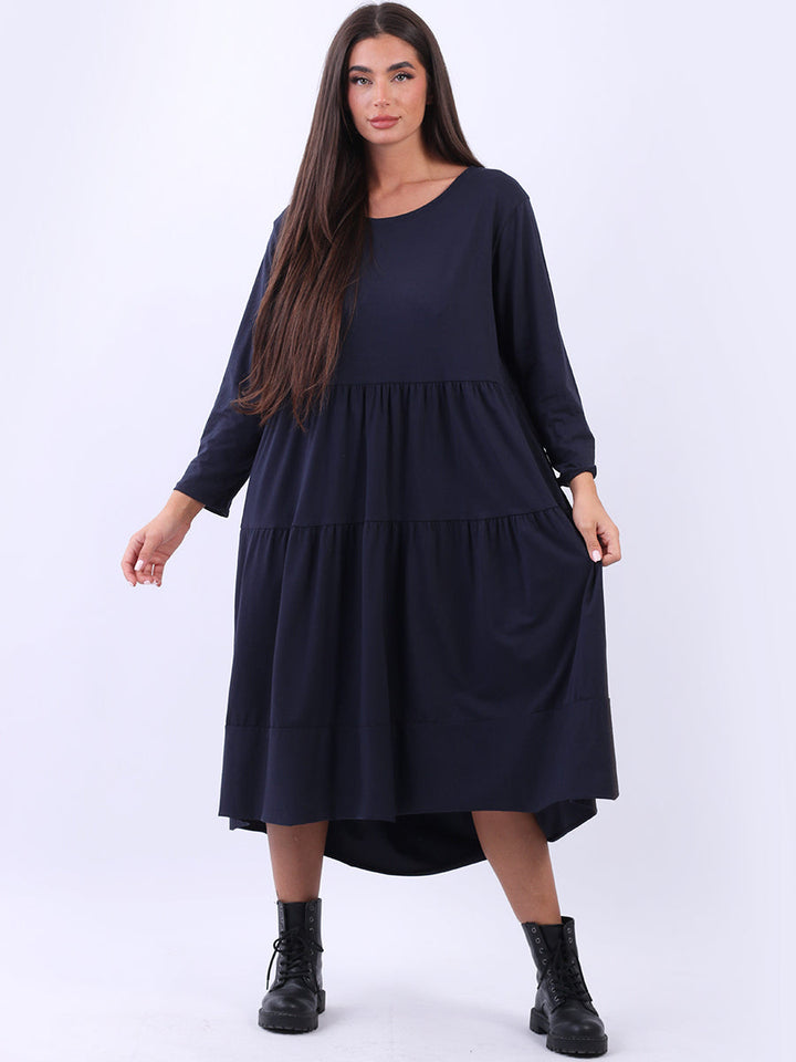 Plus Size Solid Cotton Dress Navy